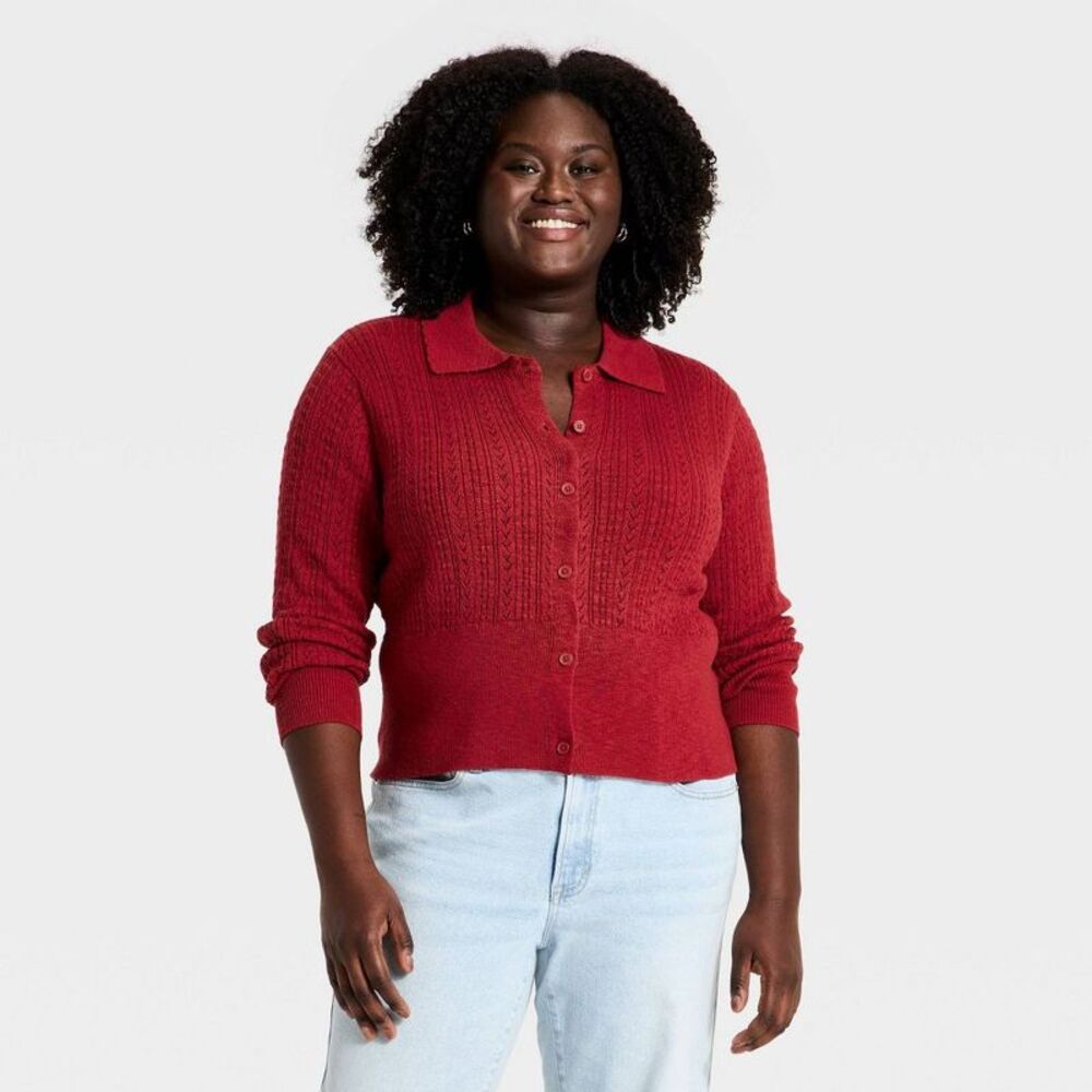 Women's Long Sleeve Pointelle Collared Cardigan - Universal Thread Red 2X